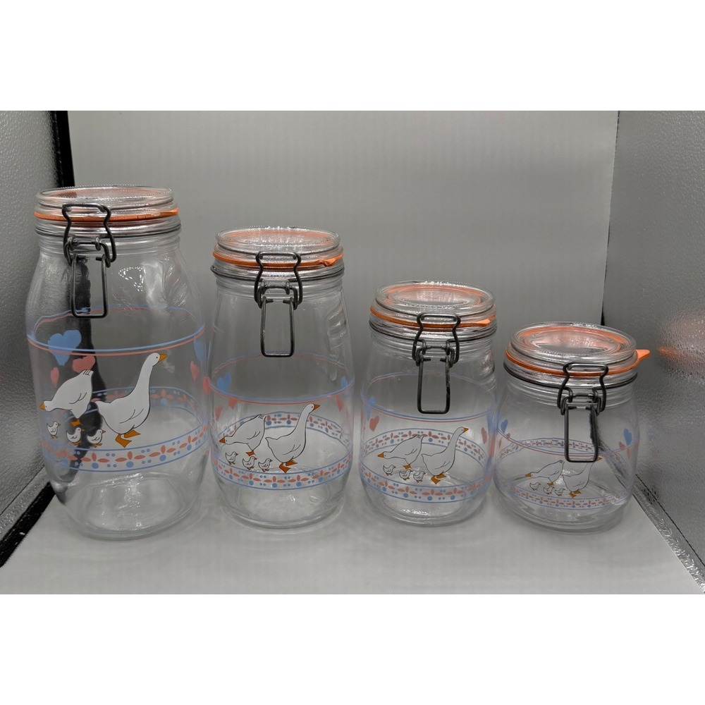 Vintage ARC France Hearts & Geese Glass Canister Set 4 Clamp Lid Wire Bail Jars